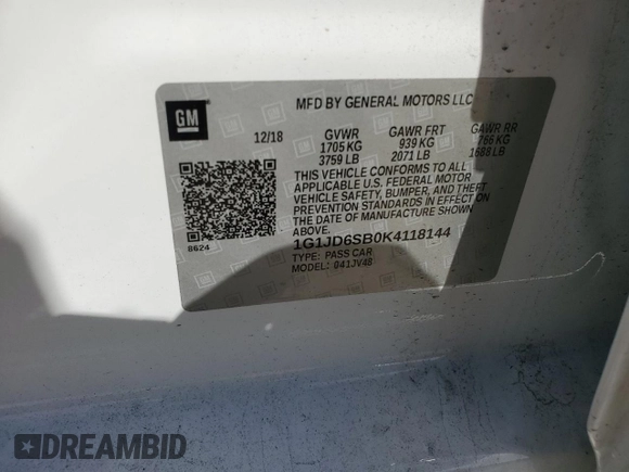 2019 Chevrolet Sonic LT with VIN 1G1JD6SB0K4118144, listed as a Copart auction lot 52004845 with 43,310 mi miles and Non repairable. Bid and sale history available at DreamBid. Image 12.