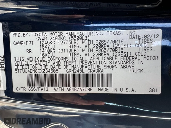 2012 Toyota Tacoma with VIN 5TFUU4EN8CX034605, listed as a Copart auction lot 46590045 with 345,138 mi miles and Clean Title. Bid and sale history available at carsss.com. Image 10.