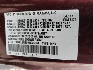 2017 Honda Odyssey SE with VIN 5FNRL5H39HB026684, listed as a Copart auction lot 46388465 with 176,311 mi miles and Non Repairable. Bid and sale history available at carsss.com. Image 15.
