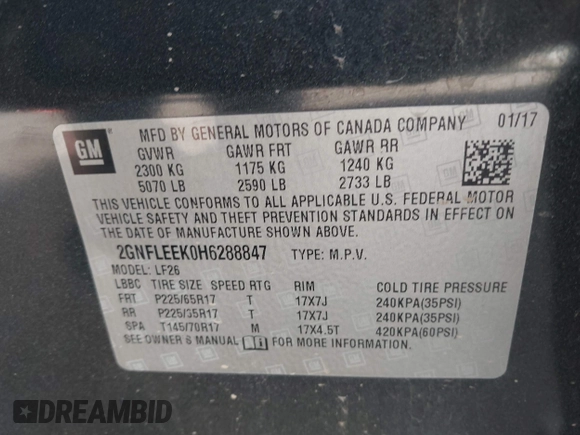2017 Chevrolet Equinox LS with VIN 2GNFLEEK0H6288847, listed as a IAAI auction lot 41828740 with 110,049 mi miles and . Bid and sale history available at DreamBid. Image 9.