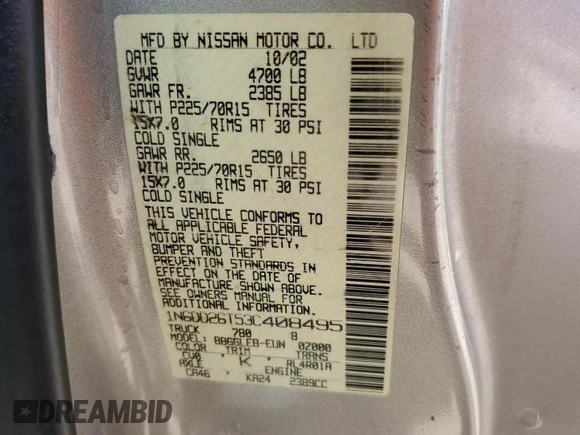 2003 Nissan Frontier XE with VIN 1N6DD26T53C408495, listed as a Copart auction lot 50436105 with 184,538 mi miles and Salvage title. Bid and sale history available at DreamBid. Image 14.