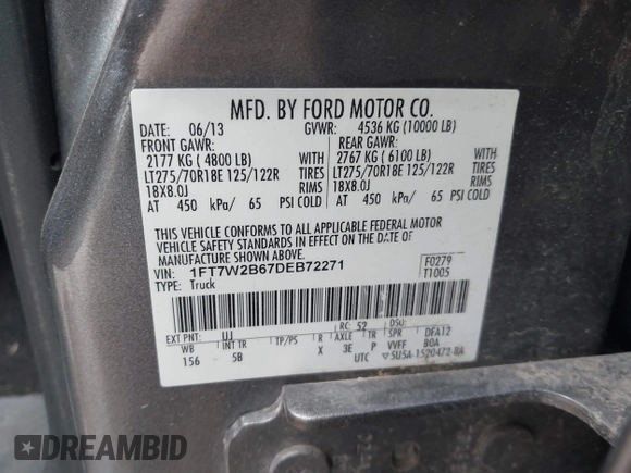 2013 Ford F-250 XL with VIN 1FT7W2B67DEB72271, listed as a IAAI auction lot 42480758 with 234,991 mi miles and . Bid and sale history available at DreamBid. Image 9.