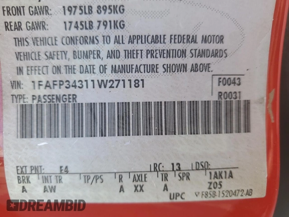 2001 Ford Focus SE with VIN 1FAFP34311W271181, listed as a Copart auction lot 42959555 with 133,642 mi miles and Salvage Title. Bid and sale history available at carsss.com. Image 12.