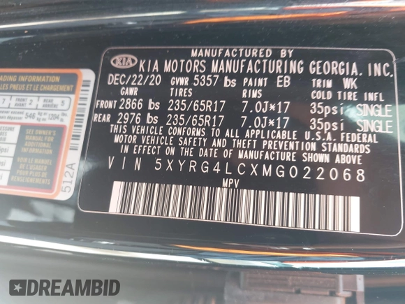 2021 Kia Sorento LX with VIN 5XYRG4LCXMG022068, listed as a IAAI auction lot 42674184 with 112,163 mi miles and . Bid and sale history available at DreamBid. Image 9.