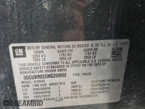 2017 Chevrolet Silverado 1500 LT with VIN 3GCUKREC6HG299892, listed as a Copart auction lot 51899955 with 161,625 mi miles and Salvage Title. Bid and sale history available at DreamBid. Image 14.