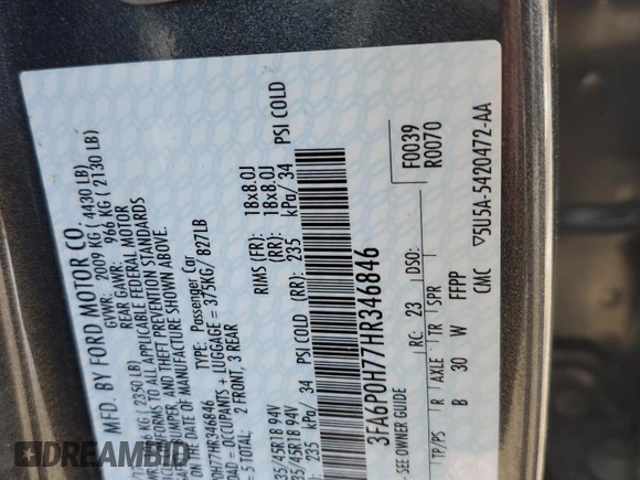 2017 Ford Fusion SE with VIN 3FA6P0H77HR346846, listed as a Copart auction lot 61825065 with 100,245 mi miles and Salvage title. Bid and sale history available at DreamBid. Image 12.
