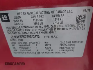 2015 Chevrolet Equinox LT with VIN 2GNALBEK2F6392875, listed as a IAAI auction lot 41185200 with 42,186 mi miles. Bid and sale history available at carsss.com. Image 9.