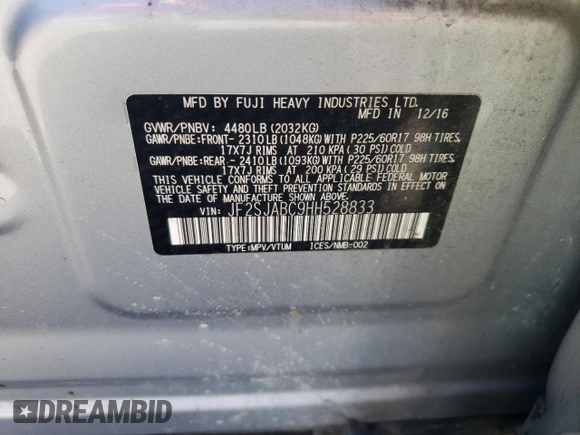 2017 Subaru Forester with VIN JF2SJABC9HH528833, listed as a Copart auction lot 61395352 with 75,511 mi miles. Bid and sale history available at carsss.com. Image 10.