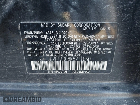2019 Subaru Crosstrek Premium z VIN JF2GTADC8K8211050, wystawiony jako IAAI lot #41850870 z przebiegiem 98 689 mil mil oraz . Historia ofert i sprzedaży dostępna na DreamBid. Obrazek 9.
