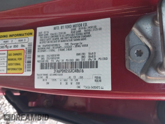 2016 Ford Fusion SE с VIN 3FA6P0HD5GR348616, выставлен на аукционе IAAI как лот 42739178 с пробегом 133 045 миль миль и . История ставок и продаж доступна на DreamBid. Изображение 9.