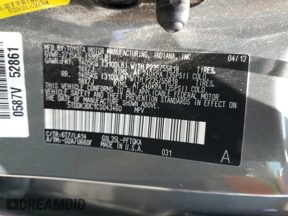 2012 Toyota Sienna XLE with VIN 5TDDK3DC1CS043460, listed as a Copart auction lot 64900495 with 190,187 mi miles and Clean title. Bid and sale history available at DreamBid. Image 13.
