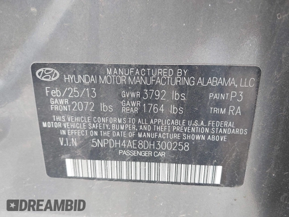 2013 Hyundai Elantra GLS with VIN 5NPDH4AE8DH300258, listed as a IAAI auction lot 42707015 with 124,110 mi miles and . Bid and sale history available at DreamBid. Image 9.