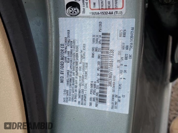 2006 Mercury Milan с VIN 3MEFM07116R619338, выставлен на аукционе Copart как лот 79354494 с пробегом Не указан миль и Списание • Salvage title. История ставок и продаж доступна на DreamBid. Изображение 13.