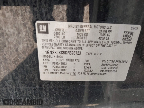 2016 Chevrolet Suburban LTZ with VIN 1GNSKJKC5GR328723, listed as a IAAI auction lot 42253610 with 183,423 mi miles and . Bid and sale history available at DreamBid. Image 9.