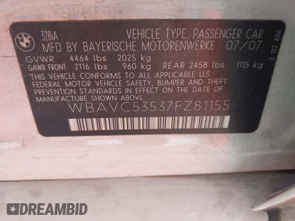 2007 BMW 3 Series 328i with VIN WBAVC53537FZ81155, listed as a IAAI auction lot 42368057 with 134,870 mi miles and . Bid and sale history available at DreamBid. Image 9.