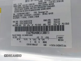 2019 Ford Mustang EcoBoost with VIN 1FATP8UH8K5138811, listed as a IAAI auction lot 41811193 with 90,212 mi miles and . Bid and sale history available at DreamBid. Image 9.