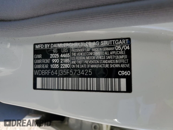 2005 Mercedes-Benz C 320 с VIN WDBRF64J35F573425, выставлен на аукционе Copart как лот 60815455 с пробегом 116 054 миль миль и Списание • Salvage title. История ставок и продаж доступна на DreamBid. Изображение 12.
