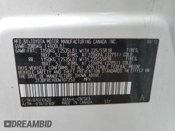 2013 Toyota RAV4 Limited with VIN 2T3DFREV0DW107253, listed as a Copart auction lot 52203135 with 160,803 mi miles and Salvage Title. Bid and sale history available at carsss.com. Image 12.