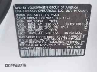 2022 Volkswagen Atlas SE with VIN 1V2WE2CA1NC217119, listed as a IAAI auction lot 42251488 with 45,034 mi miles and . Bid and sale history available at DreamBid. Image 9.