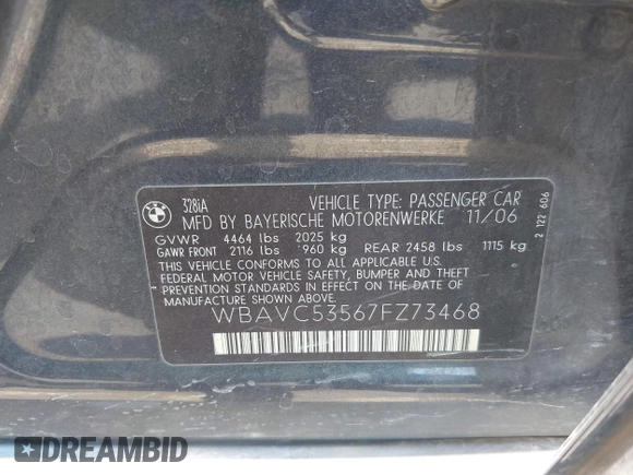 2007 BMW 3 Series 328i with VIN WBAVC53567FZ73468, listed as a IAAI auction lot 42750425 with 174,381 mi miles and . Bid and sale history available at DreamBid. Image 9.