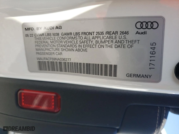 2022 Audi A5 Sportback S line Premium Plus with VIN WAUFACF59NA036277, listed as a Copart auction lot 46436005 with 25,624 mi miles and Salvage Title. Bid and sale history available at carsss.com. Image 13.