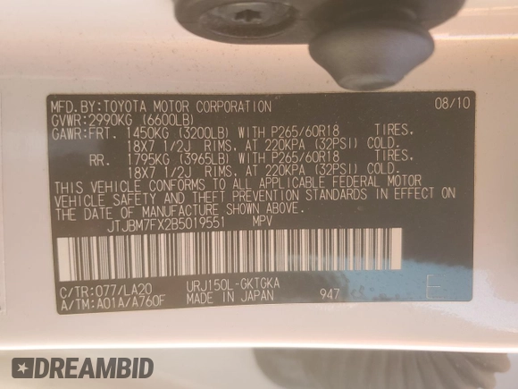 2011 Lexus GX 460 with VIN JTJBM7FX2B5019551, listed as a Copart auction lot 48359495 with 177,022 mi miles and Salvage Title. Bid and sale history available at DreamBid. Image 13.