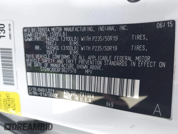 2015 Toyota Sienna SE with VIN 5TDXK3DC6FS627578, listed as a IAAI auction lot 41568684 with 124,138 mi miles and . Bid and sale history available at DreamBid. Image 9.
