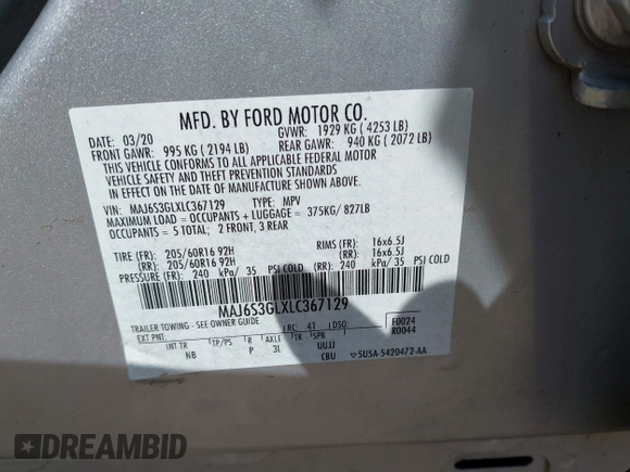 2020 Ford EcoSport SE z VIN MAJ6S3GLXLC367129, wystawiony jako IAAI lot #42209328 z przebiegiem 71 638 mil mil oraz . Historia ofert i sprzedaży dostępna na DreamBid. Obrazek 9.