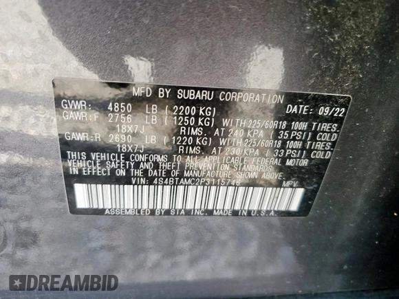 2023 Subaru Outback Limited with VIN 4S4BTAMC2P3115746, listed as a Copart auction lot 64783005 with Not provided miles and Salvage title. Bid and sale history available at DreamBid. Image 12.