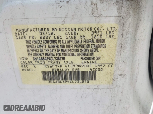 2012 Nissan Sentra S with VIN 3N1AB6AP4CL736270, listed as a IAAI auction lot 42582135 with 120,814 mi miles and . Bid and sale history available at DreamBid. Image 9.