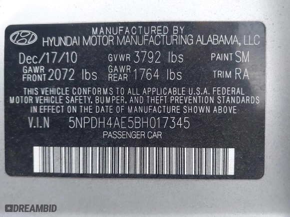 2011 Hyundai Elantra GLS PZEV with VIN 5NPDH4AE5BH017345, listed as a IAAI auction lot 41371791 with 115,846 mi miles. Bid and sale history available at carsss.com. Image 9.