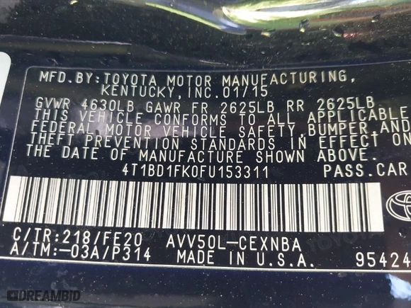 2015 Toyota Camry Hybrid LE with VIN 4T1BD1FK0FU153311, listed as a IAAI auction lot 40847865 with 417,133 mi miles. Bid and sale history available at carsss.com. Image 9.
