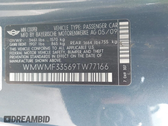 2009 MINI Hardtop z VIN WMWMF33569TW77166, wystawiony jako IAAI lot #42120132 z przebiegiem 150 291 mil mil oraz . Historia ofert i sprzedaży dostępna na DreamBid. Obrazek 9.
