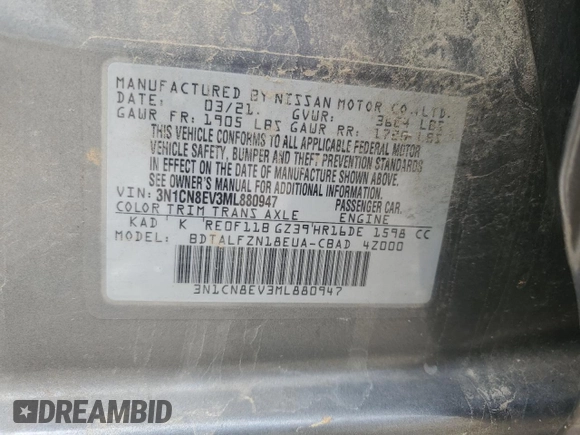 2021 Nissan Versa SV with VIN 3N1CN8EV3ML880947, listed as a Copart auction lot 60303965 with 98,646 mi miles and Salvage title. Bid and sale history available at DreamBid. Image 12.