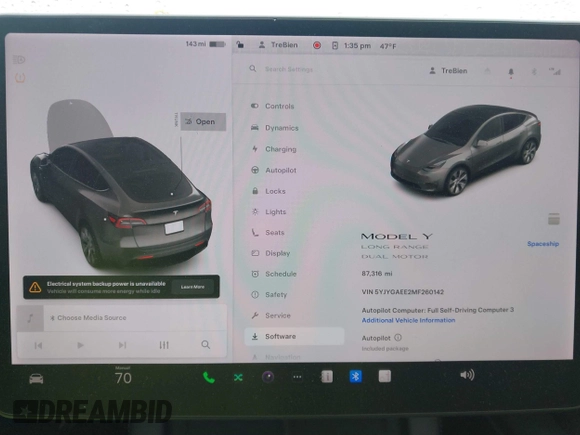 2021 Tesla Model Y Long Range with VIN 5YJYGAEE2MF260142, listed as a IAAI auction lot 41808666 with 87,316 mi miles and . Bid and sale history available at DreamBid. Image 7.