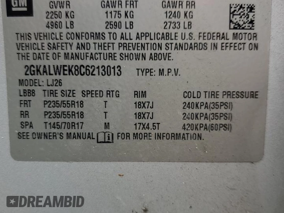 2012 GMC Terrain SLT-2 with VIN 2GKALWEK8C6213013, listed as a Copart auction lot 53914765 with 129,452 mi miles and Salvage Title. Bid and sale history available at carsss.com. Image 13.