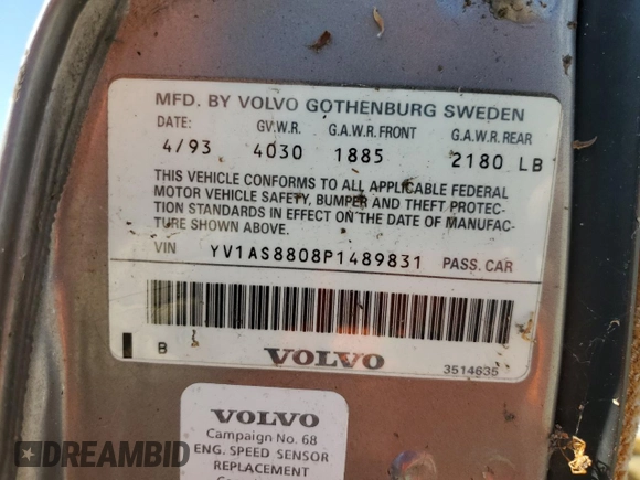 1993 Volvo 240 с VIN YV1AS8808P1489831, выставлен на аукционе Copart как лот 72439554 с пробегом 147 232 миль миль и Чистый • Clean title. История ставок и продаж доступна на DreamBid. Изображение 12.