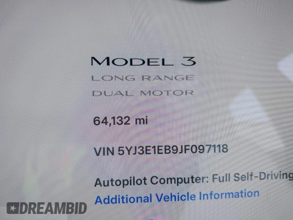 2018 Tesla Model 3 Long Range Battery with VIN 5YJ3E1EB9JF097118, listed as a IAAI auction lot 41619510 with 64,132 mi miles and . Bid and sale history available at DreamBid. Image 7.