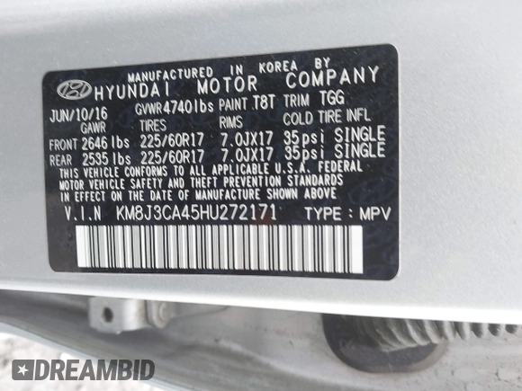 2017 Hyundai Tucson SE with VIN KM8J3CA45HU272171, listed as a IAAI auction lot 41801230 with 100,541 mi miles. Bid and sale history available at carsss.com. Image 9.