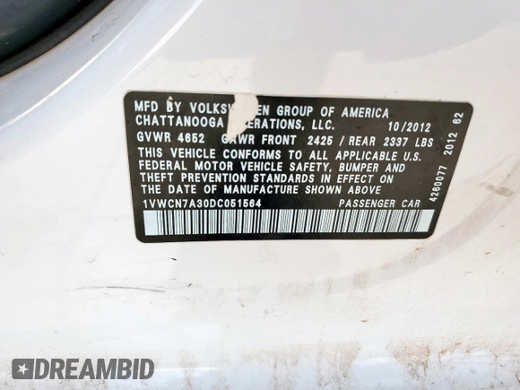 2013 Volkswagen Passat SEL Premium z VIN 1VWCN7A30DC051564, wystawiony jako Copart lot #58565845 z przebiegiem 113 788 mil mil oraz Czysty tytuł • Clean title. Historia ofert i sprzedaży dostępna na DreamBid. Obrazek 12.