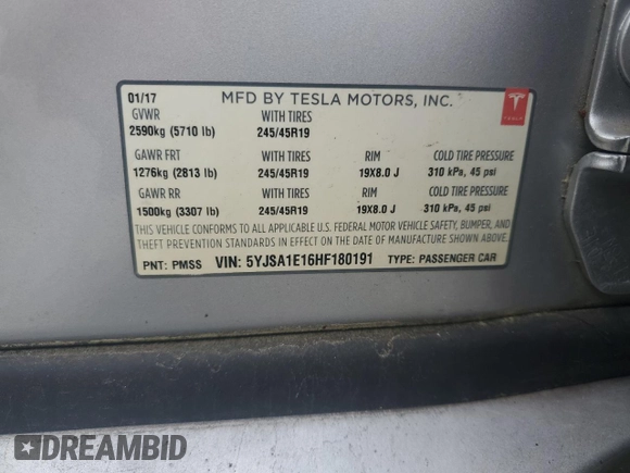 2017 Tesla Model S 60 z VIN 5YJSA1E16HF180191, wystawiony jako Copart lot #55901805 z przebiegiem Nie podano mil oraz Szkoda całkowita • Salvage title. Historia ofert i sprzedaży dostępna na DreamBid. Obrazek 13.