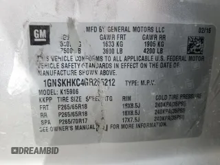 2016 Chevrolet Suburban LT z VIN 1GNSKHKC4GR285212, wystawiony jako Copart lot #58021115 z przebiegiem Nie podano mil oraz Szkoda całkowita • Salvage title. Historia ofert i sprzedaży dostępna na DreamBid. Obrazek 14.