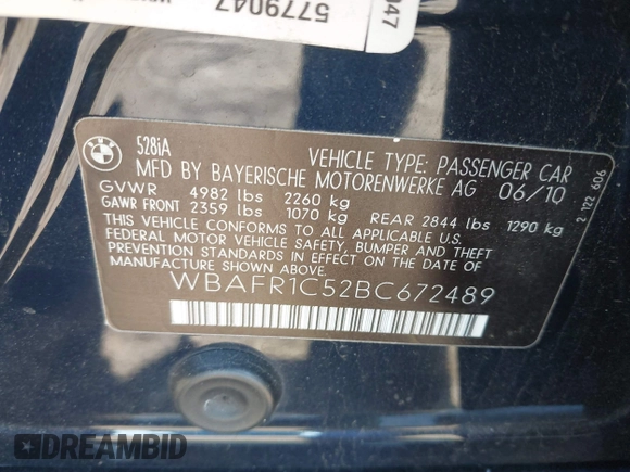 2011 BMW 5 Series 528i with VIN WBAFR1C52BC672489, listed as a IAAI auction lot 42038678 with 47,688 mi miles and . Bid and sale history available at carsss.com. Image 9.