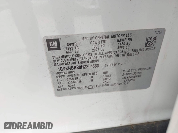 2017 Cadillac XT5 Luxury FWD with VIN 1GYKNBRS0HZ204583, listed as a IAAI auction lot 42367003 with 94,806 mi miles and . Bid and sale history available at DreamBid. Image 9.