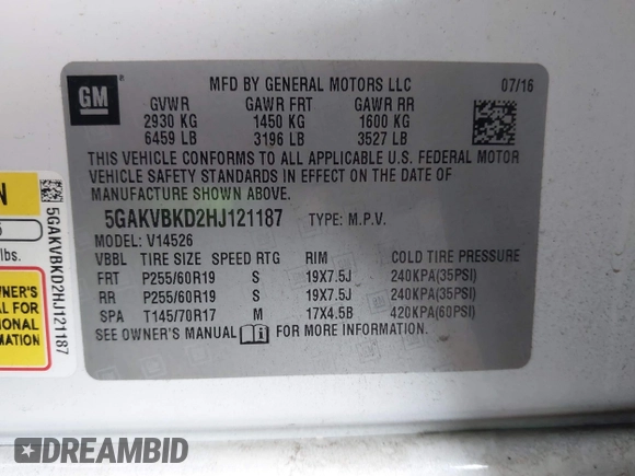 2017 Buick Enclave Leather with VIN 5GAKVBKD2HJ121187, listed as a IAAI auction lot 41990969 with 118,336 mi miles and . Bid and sale history available at DreamBid. Image 9.