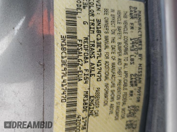 2007 Nissan Versa 1.8 S with VIN 3N1BC13E97L417470, listed as a Copart auction lot 45952315 with 0 mi miles and Salvage Title. Bid and sale history available at carsss.com. Image 12.