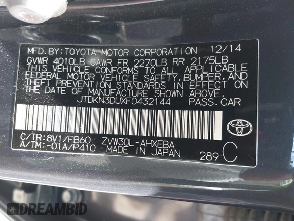 2015 Toyota Prius Four with VIN JTDKN3DUXF0432144, listed as a IAAI auction lot 41788839 with 126,462 mi miles. Bid and sale history available at carsss.com. Image 9.