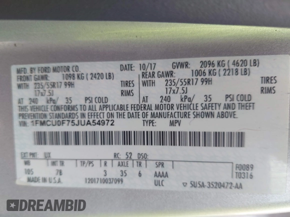 2018 Ford Escape S with VIN 1FMCU0F75JUA54972, listed as a IAAI auction lot 42482629 with 90,458 mi miles and . Bid and sale history available at DreamBid. Image 9.