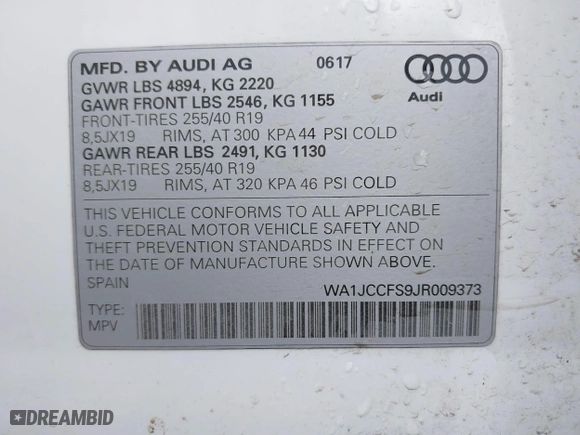 2018 Audi Q3 Premium Plus with VIN WA1JCCFS9JR009373, listed as a IAAI auction lot 41816704 with 95,244 mi miles. Bid and sale history available at carsss.com. Image 9.
