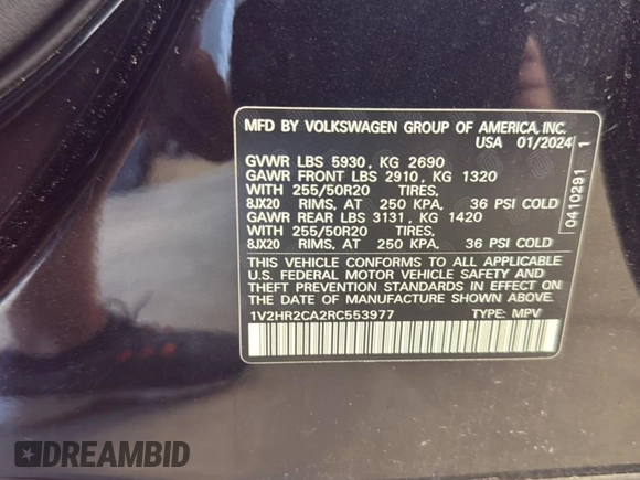 2024 Volkswagen Atlas SE with VIN 1V2HR2CA2RC553977, listed as a IAAI auction lot 42731405 with 24,692 mi miles and . Bid and sale history available at DreamBid. Image 2.